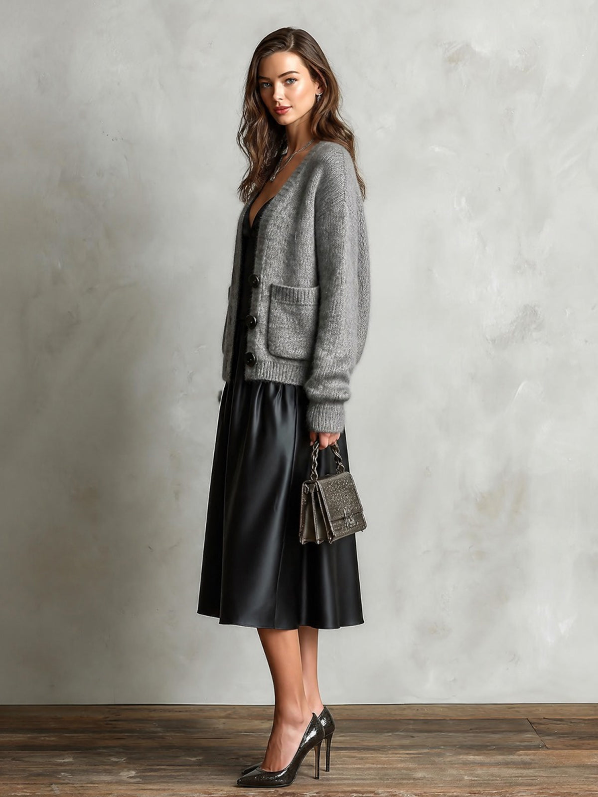 ElevenOra Chic Elegant Black Spaghetti-Strap V-Neck A-Line Satin Midi Dress Gray Single-Breasted Patch Pockets Wool Blend Knit Cardigan Two-Piece Set