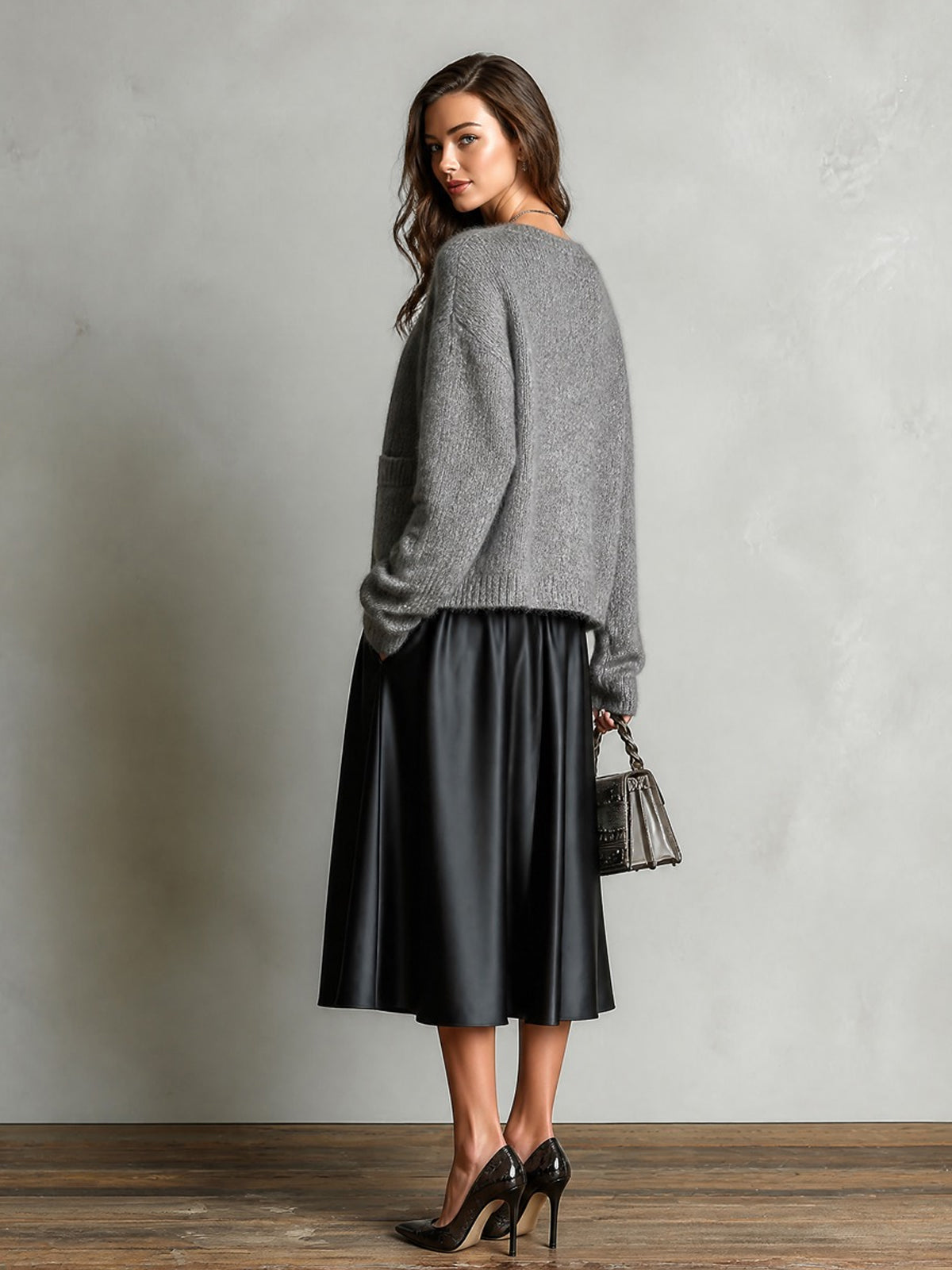 ElevenOra Chic Elegant Black Spaghetti-Strap V-Neck A-Line Satin Midi Dress Gray Single-Breasted Patch Pockets Wool Blend Knit Cardigan Two-Piece Set