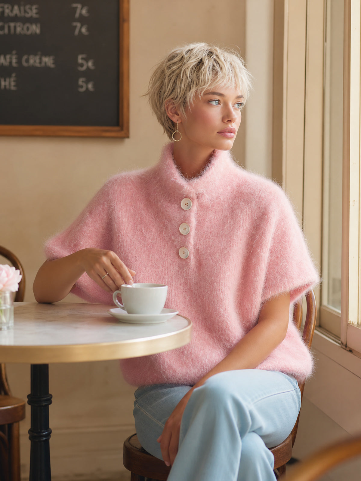 ElevenOra Chic Vintage Pink Stand Collar Button-Front Short-Sleeve Fuzzy Knit Sweater Top