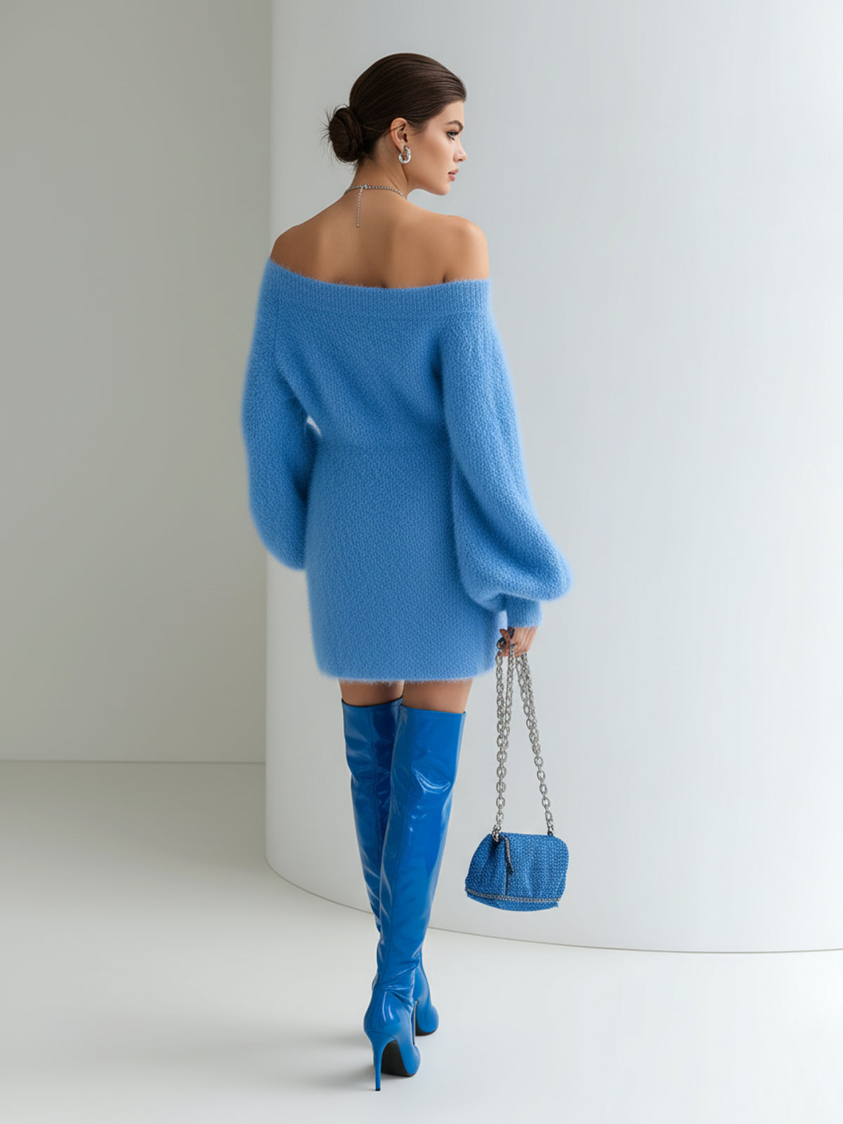 ElevenOra Chic Elegant Blue One Shoulder Long Lantern Sleeve A-Line Fuzzy Knit Mini Dress