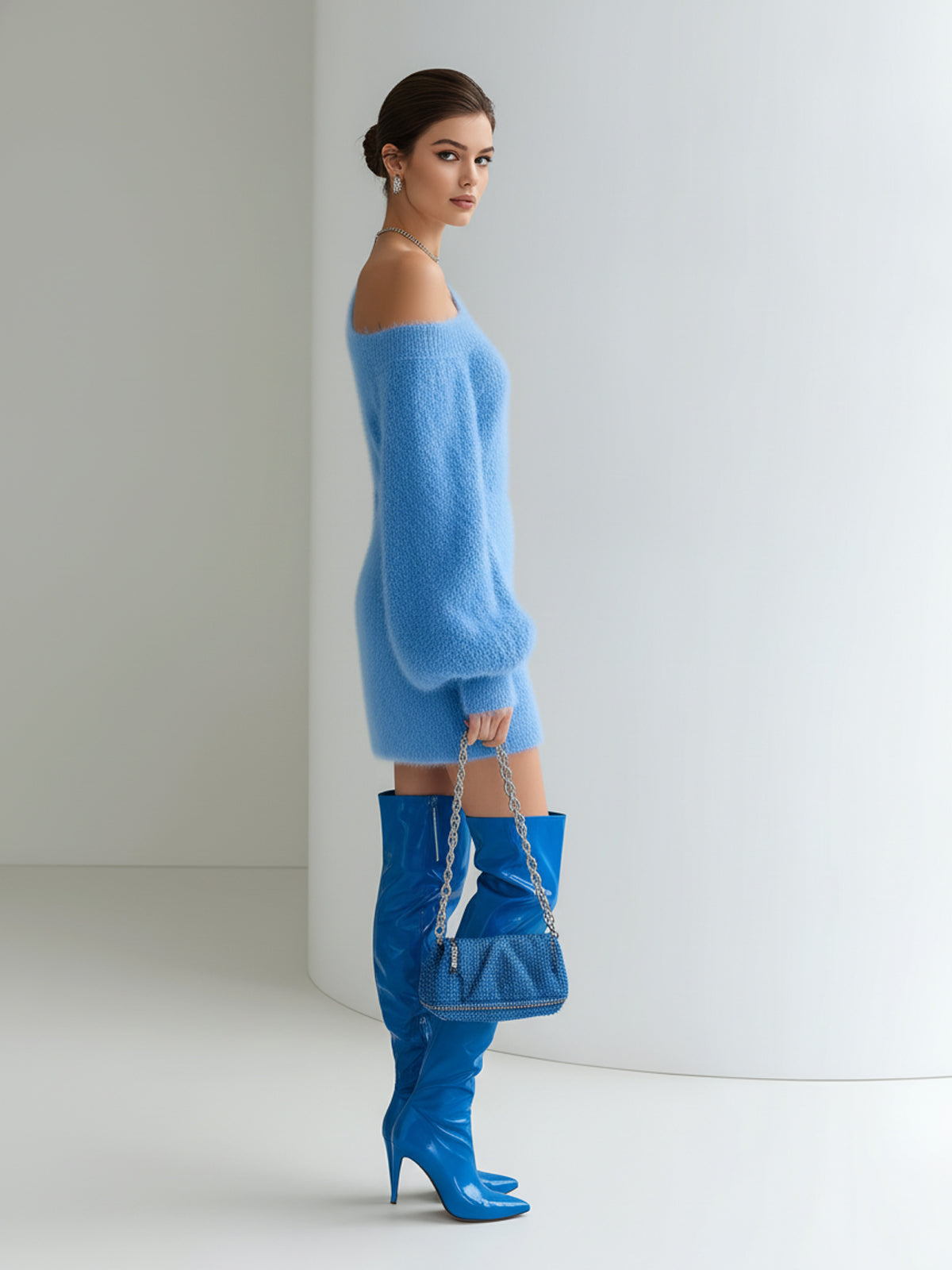 ElevenOra Chic Elegant Blue One Shoulder Long Lantern Sleeve A-Line Fuzzy Knit Mini Dress