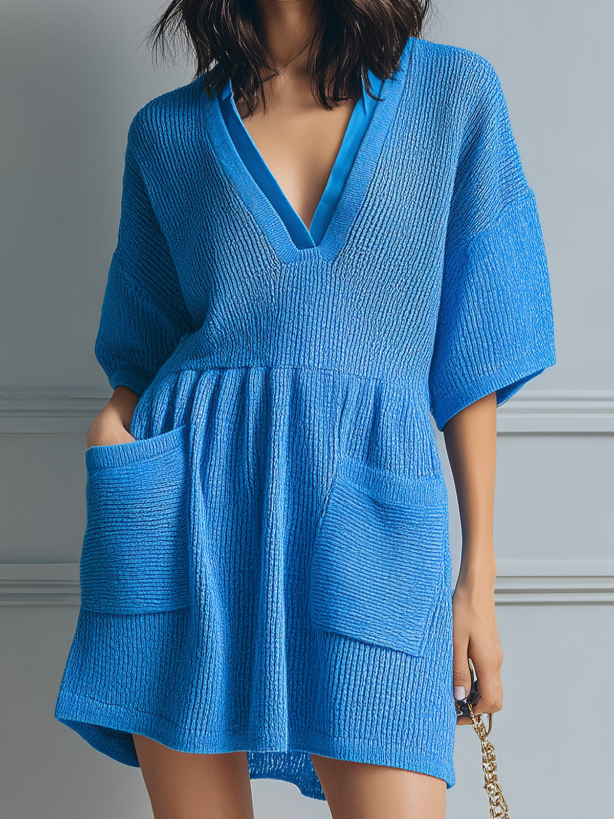 ElevenOra Chic Elegant Royal Blue V-Neck Short-Sleeve Oversized Patch Pockets Ribbed Knit Mini Dress