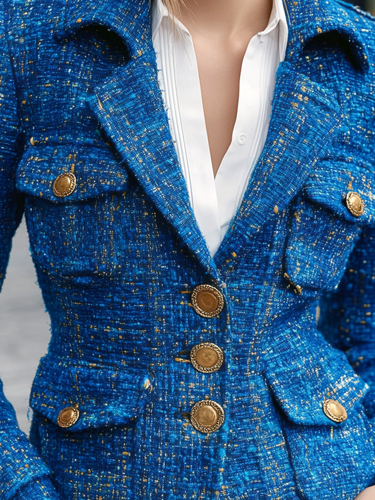ElevenOra Chic Vintage Tweed Lapel Single-breasted Multi-Pocket Tailored Waist Mini Blazer