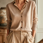 ElevenOra Chic Office Camel Fake Two-Piece Lapel-Collar Single-Breasted Elegant Knit Cardigan