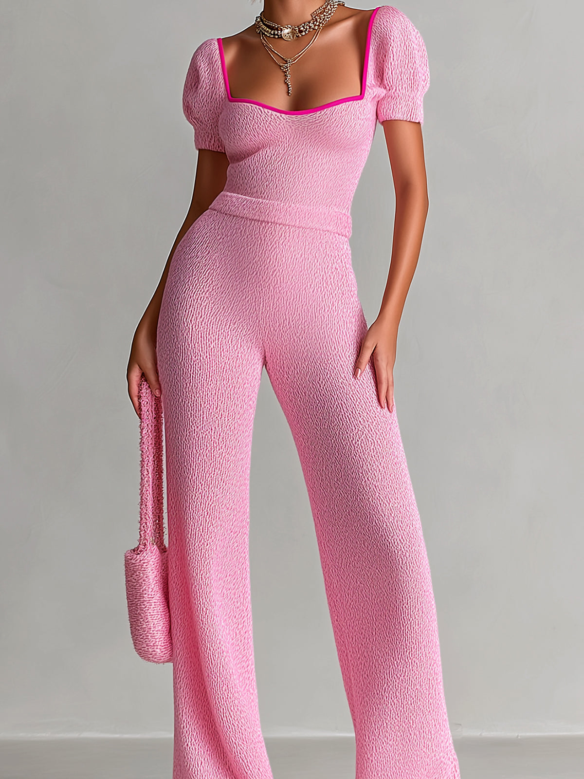 ElevenOra Chic Elegant Pink Contrast Trim Square Neck Short Puff Sleeve Tailored Waist Wide-Leg Knit Jumpsuit