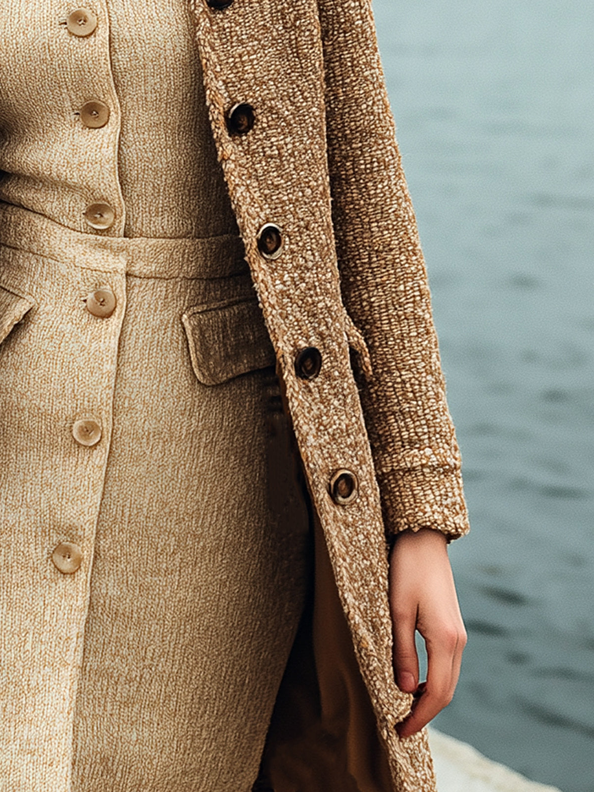 ElevenOra Vintage Khaki Tweed Notch Lapel Single-breasted Slim Mid-length Coat