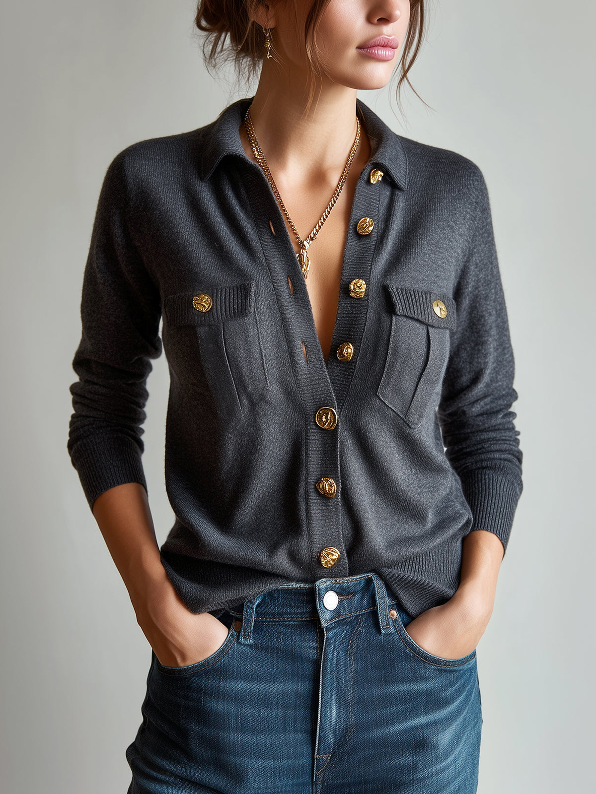 ElevenOra Vintage Elegant Lapel Gold Embellished Button Single Breasted Double Pocket Knit Cardigan