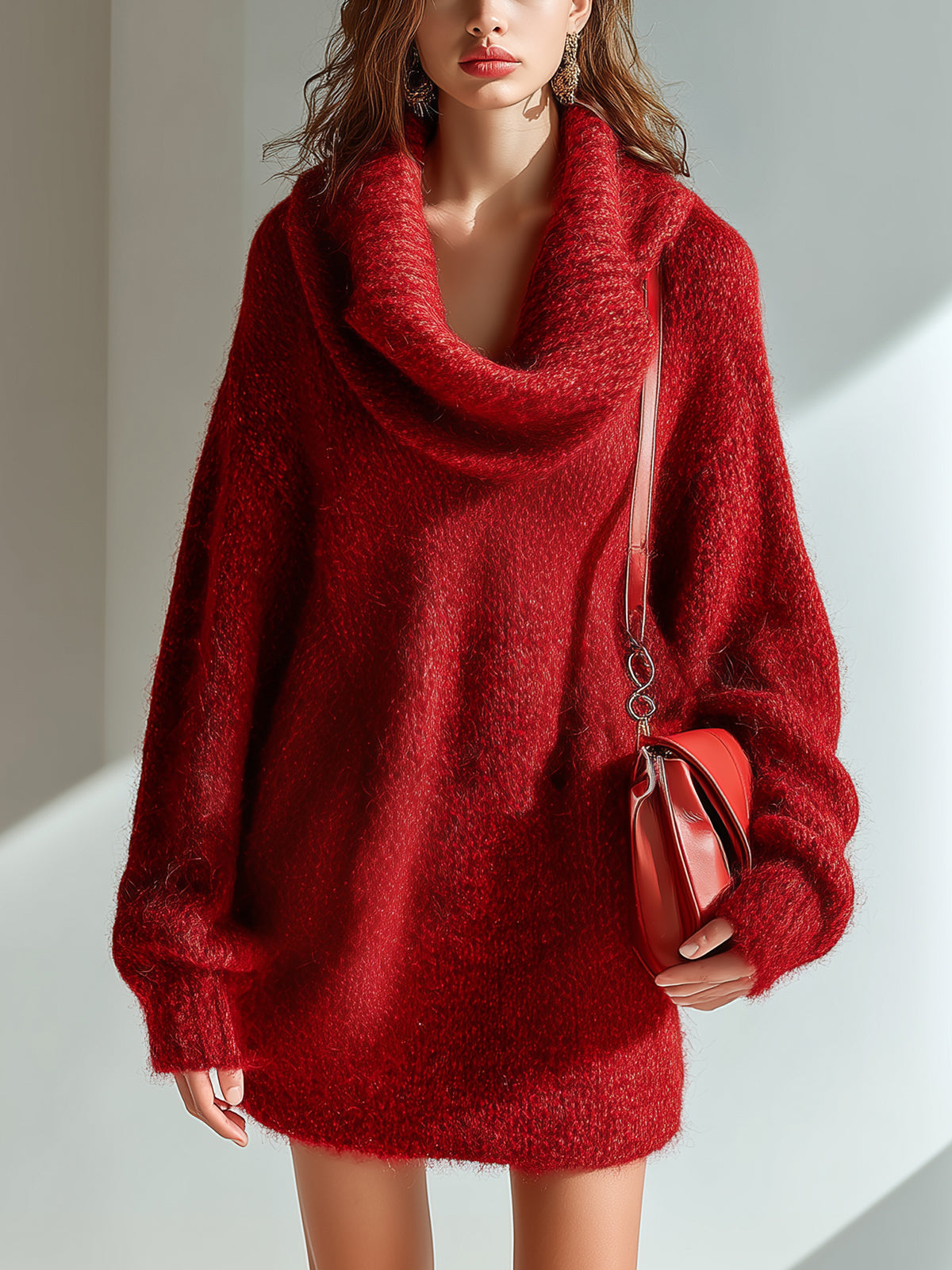 ElevenOra Chic Vintage Red Draped Neck Long-Sleeve Oversize Fuzzy Knit Mini Dress
