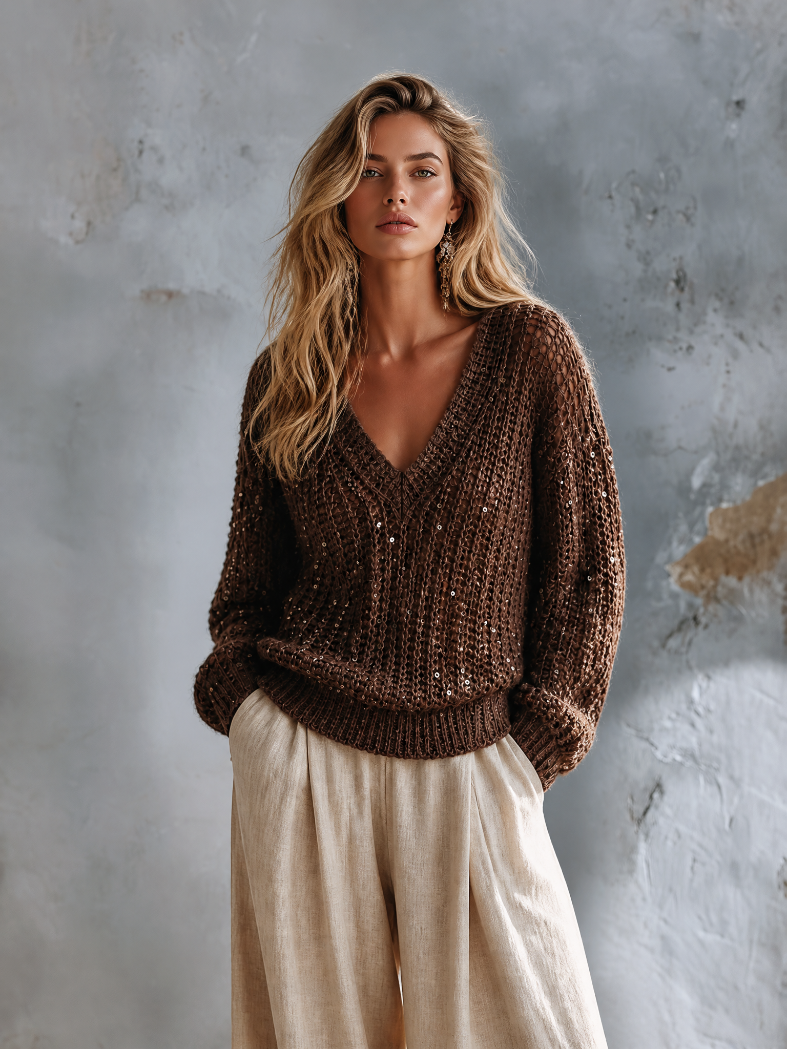 ElevenOra Chic Casual Brown V‑Neck Sequins Dropped-Shoulder Long-Sleeve Loose-Fit Chunky Knit Sweater
