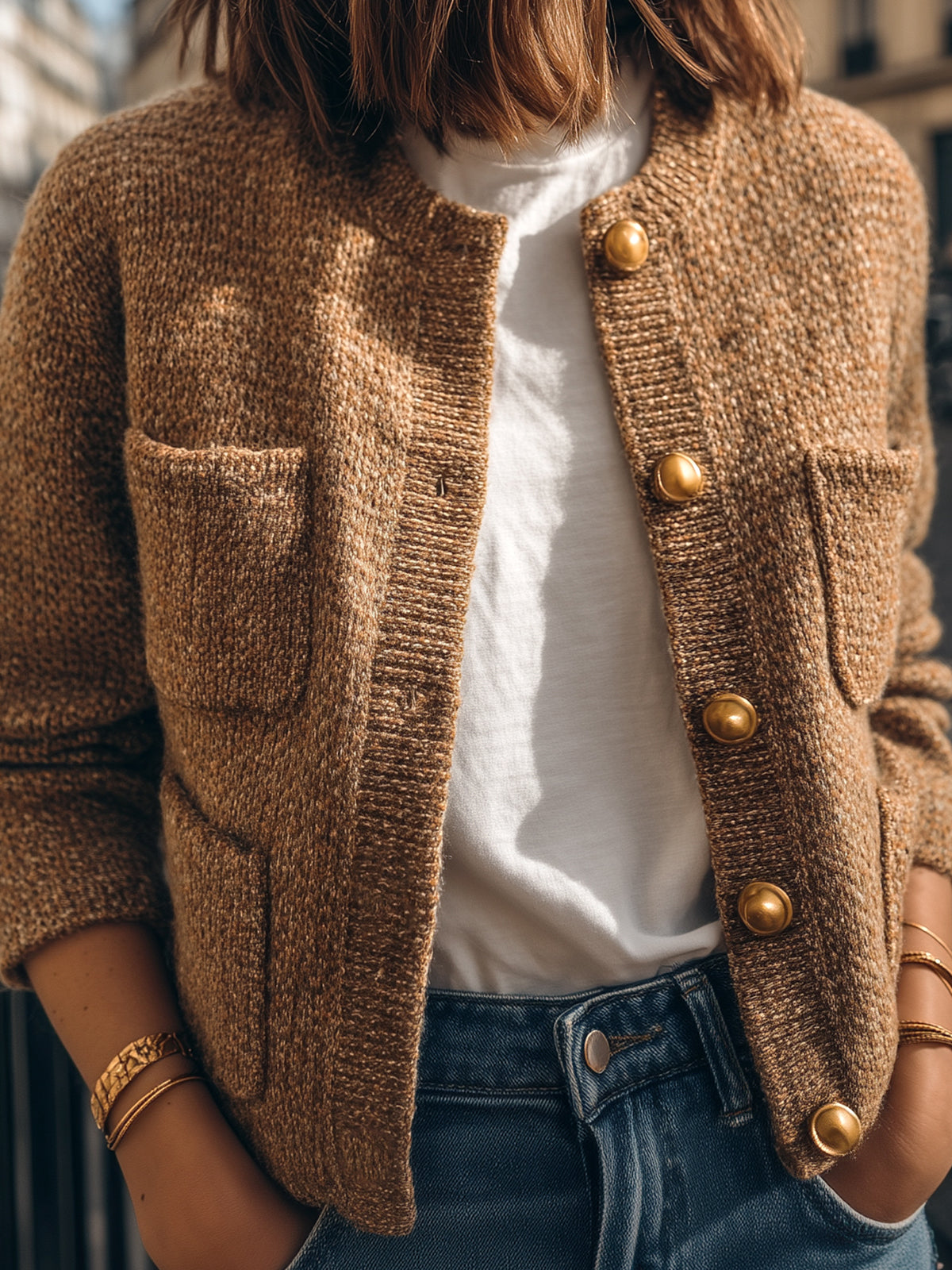 ElevenOra Casual Chic Camel Crew Neck Gold Button Multi-Pocket Cropped Knit Cardigan