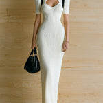 ElevenOra Chic Elegant Cream White Round Neck Cutout Short Sleeve Contrast Trim Slim-Fit Ribbed Knit Maxi Dress