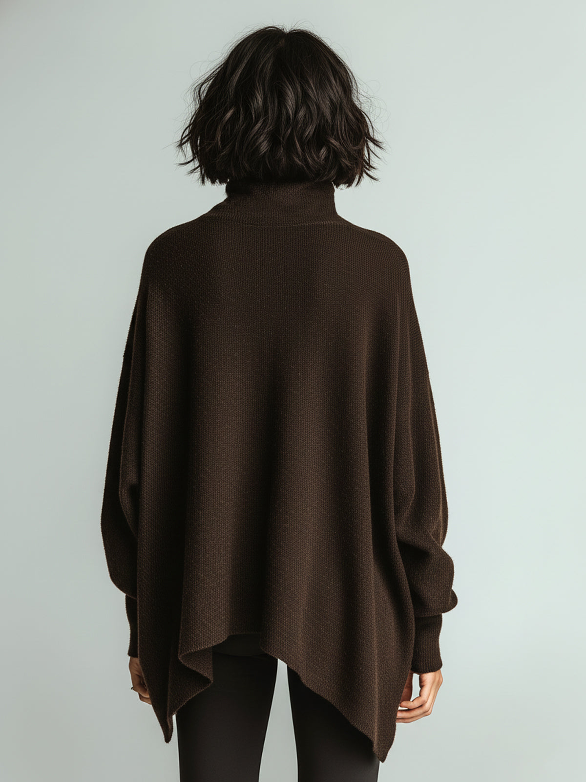 ElevenOra Chic Casual Dark Brown Turtleneck Loose Irregular Hem Long Sleeve Knit Sweater Top