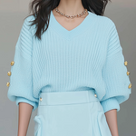 ElevenOra Chic Casual Blue V-Neck Short Sleeve Button Oversized Ribbed Knit Sweater