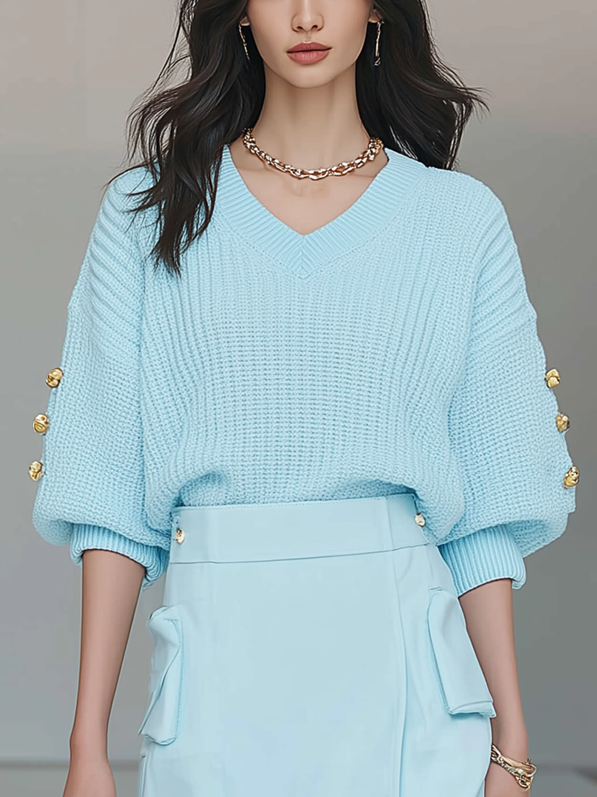 ElevenOra Chic Casual Blue V-Neck Short Sleeve Button Oversized Ribbed Knit Sweater