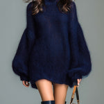 ElevenOra Chic Elegant Navy Mock Neck Oversized Long Lantern Sleeve Mohair Knit Mini Dress