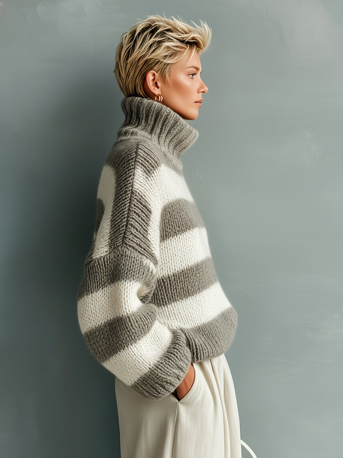 ElevenOra Chic Casual Contrast Stripes Turtle Neck Oversized Long-Sleeve Knit Sweater