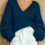 ElevenOra Casual Vintage Navy Blue Deep V-Neck Chunky Knit Slouchy Fuzzy Sweater