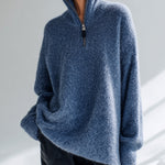 ElevenOra Chic Elegant Dark Blue Zip-Up Stand Collar Long Sleeve Oversized Fuzzy Knit Sweater