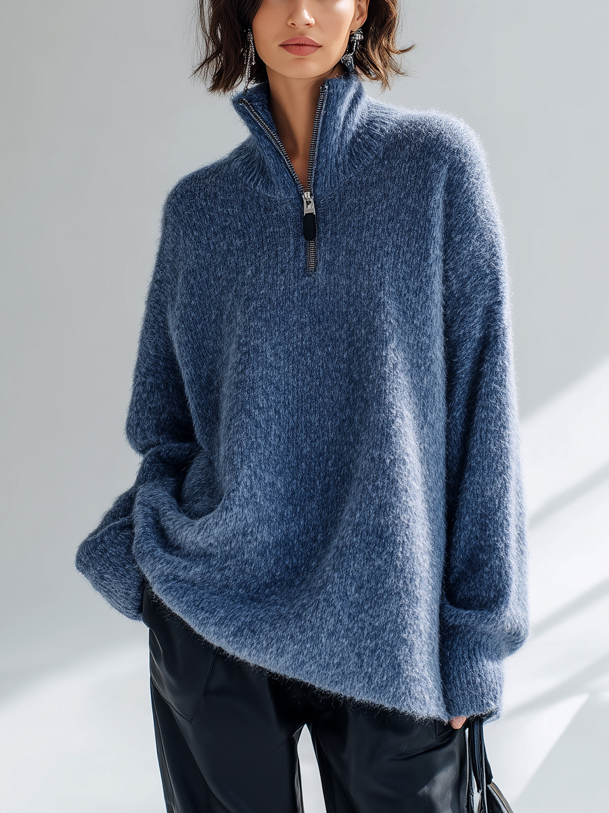 ElevenOra Chic Elegant Dark Blue Zip-Up Stand Collar Long Sleeve Oversized Fuzzy Knit Sweater
