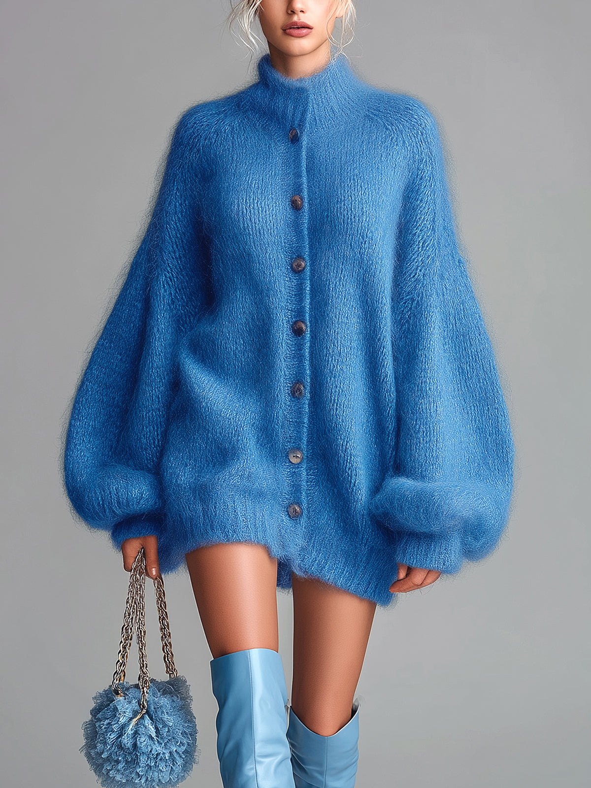ElevenOra Chic Vintage Blue Mock Neck Single-Breasted Long Lantern Sleeve Oversized Fuzzy Knit Mini Dress