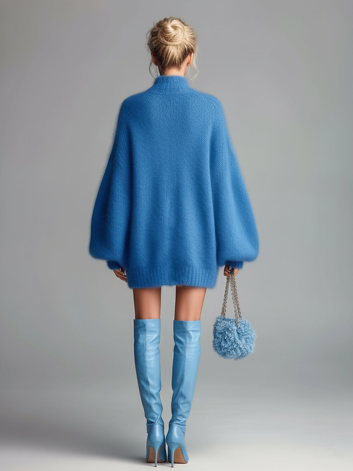 ElevenOra Chic Vintage Blue Mock Neck Single-Breasted Long Lantern Sleeve Oversized Fuzzy Knit Mini Dress