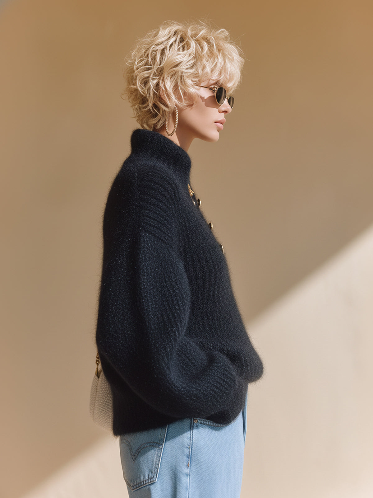 ElevenOra Chic Casual Black V-Neck Button Details Long Lantern Sleeve Oversized Sweater Top