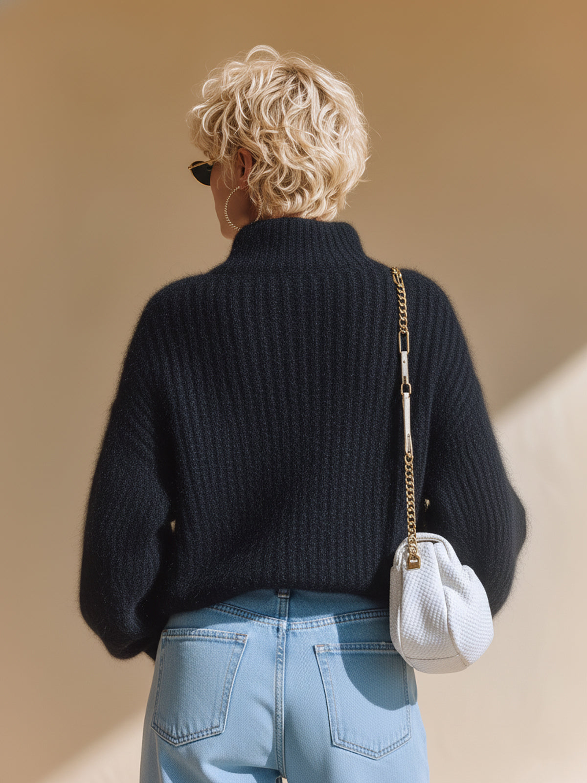 ElevenOra Chic Casual Black V-Neck Button Details Long Lantern Sleeve Oversized Sweater Top