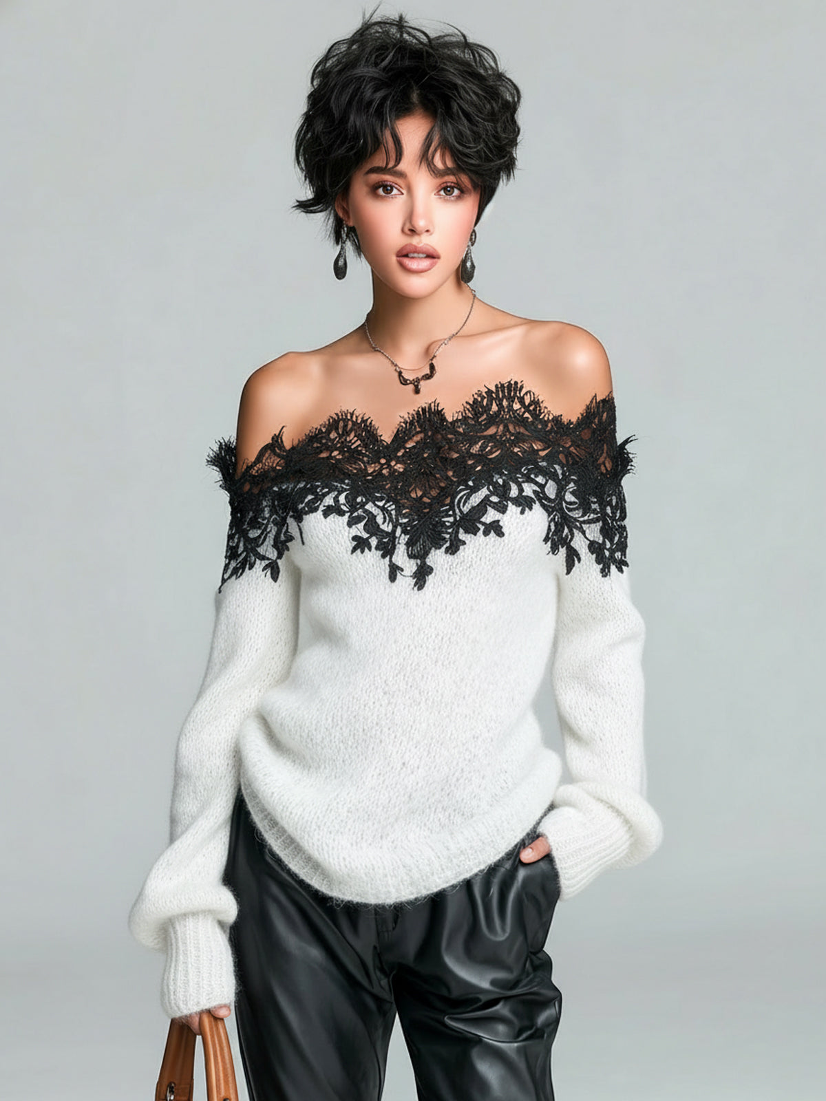 ElevenOra Chic Casual Gray Off-The-Shoulder Lace Trim Detail Long Sleeve Oversized Knit Sweater Top