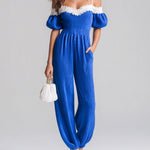 ElevenOra Chic Elegant Royal Blue Off-The-Shoulder Short-Sleeve Lace Details Elastic Waist Loose-Fit Knit Harem Jumpsuit