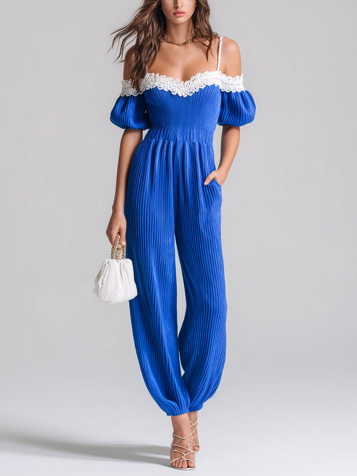 ElevenOra Chic Elegant Royal Blue Off-The-Shoulder Short-Sleeve Lace Details Elastic Waist Loose-Fit Knit Harem Jumpsuit