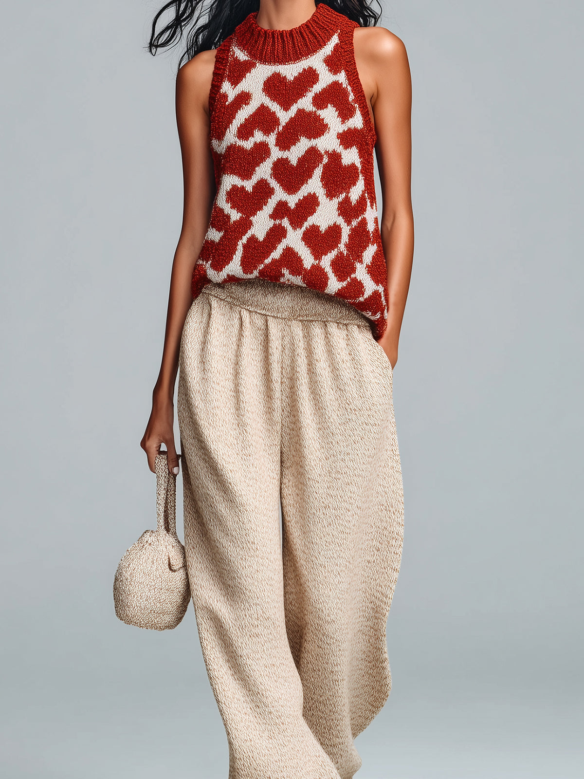 ElevenOra Chic Casual Red-Beige Jacquard Round Neck Sleeveless Loose-Fit Vest Wide-Leg Pants Knit Two-Piece Set