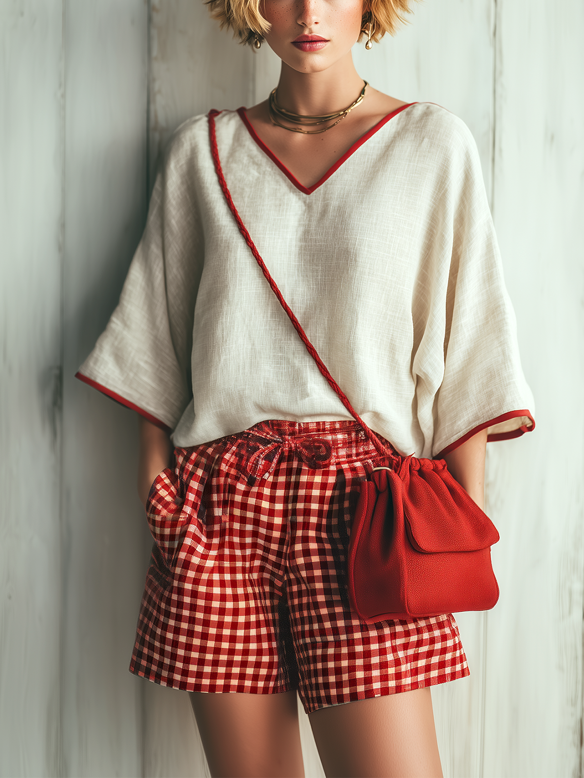 ElevenOra Chic Casual Off White Contrast-Trim V-Neck Short-Sleeve Loose Top Red Plaid Shorts Cotton-Linen Two-Piece Set