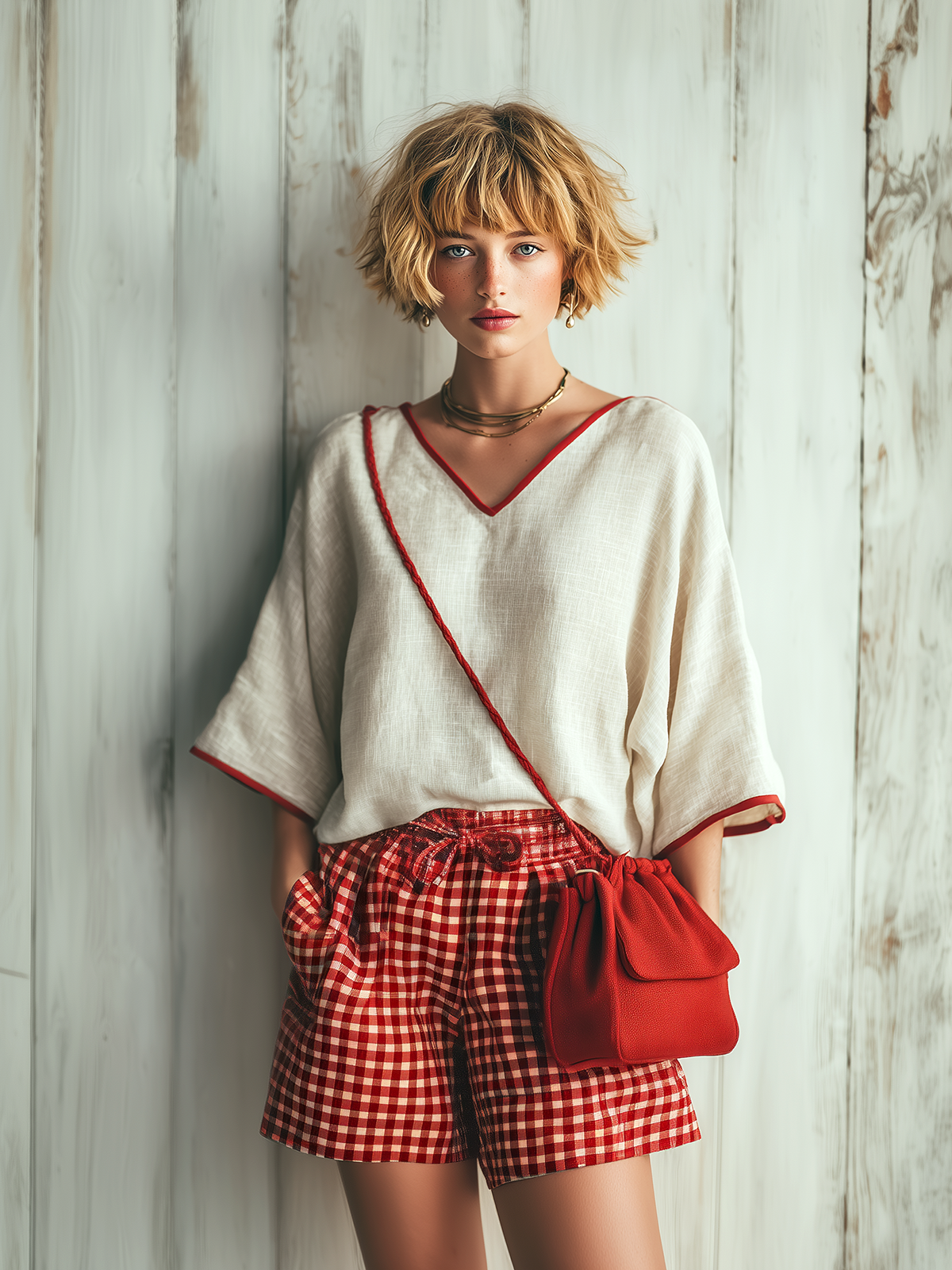 ElevenOra Chic Casual Off White Contrast-Trim V-Neck Short-Sleeve Loose Top Red Plaid Shorts Cotton-Linen Two-Piece Set