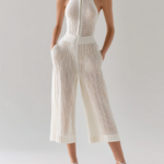 ElevenOra Chic Elegant White Stand Collar Sleeveless Zipper-Front Tailored Waist Wide Leg Ribbed Knit Jumpsuit