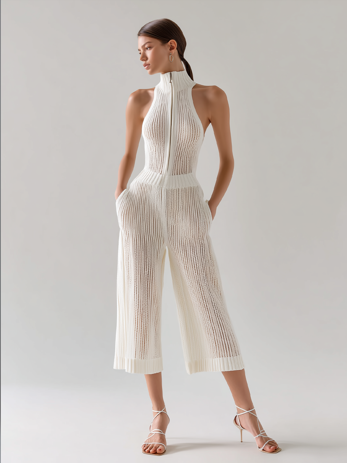 ElevenOra Chic Elegant White Stand Collar Sleeveless Zipper-Front Tailored Waist Wide Leg Ribbed Knit Jumpsuit