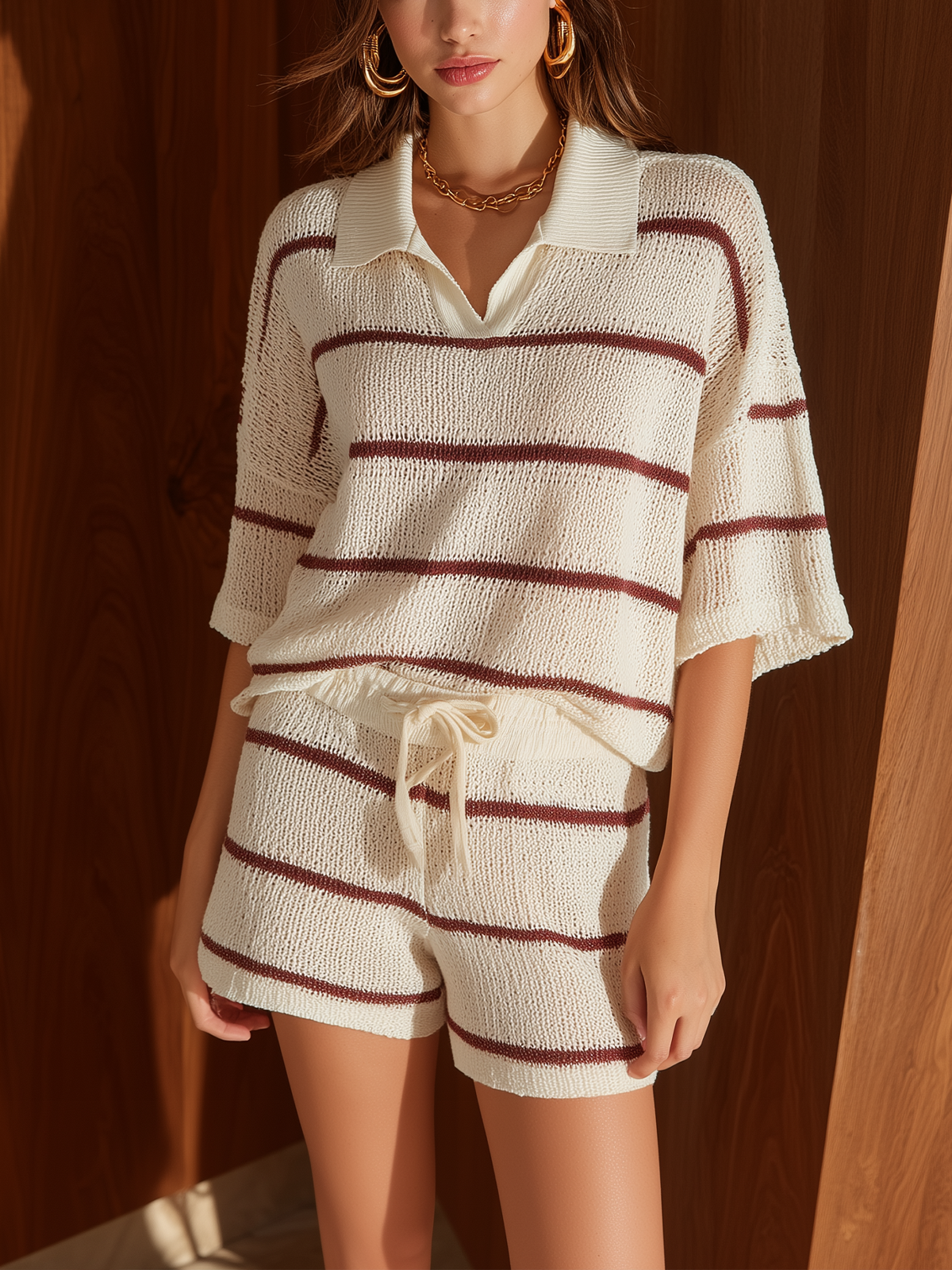 ElevenOra Chic Elegant White-Red Striped Lapel Collar Short-Sleeve Loose Sweater Top Drawstring Elastic Waist Shorts Knit Two-Piece Set