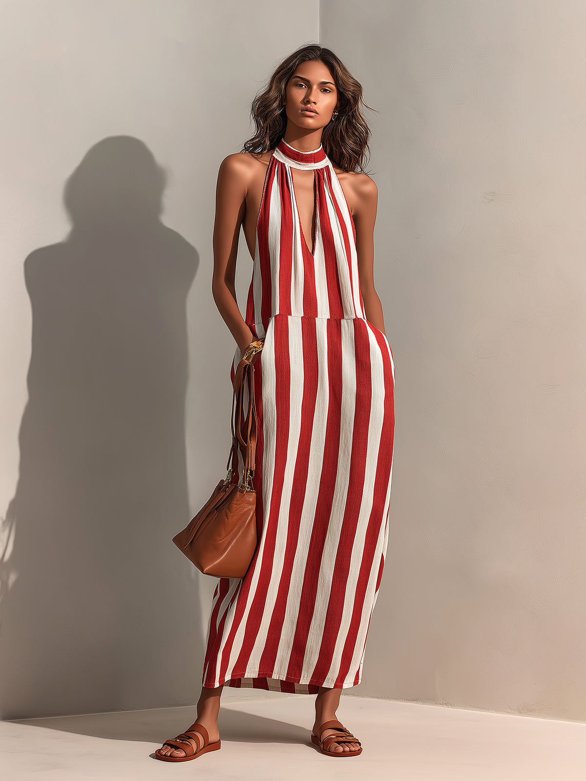 ElevenOra Chic Elegant Red-White Stripes Cotton-Linen Blend Halter Cutout Detail Sleeveless Loose-Fit Maxi Dress