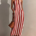 ElevenOra Chic Elegant Red-White Stripes Cotton-Linen Blend Halter Cutout Detail Sleeveless Loose-Fit Maxi Dress