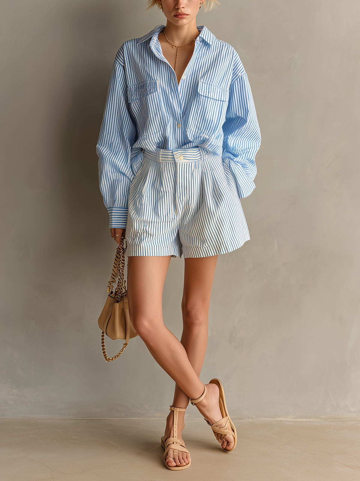 ElevenOra Chic Casual Blue-White Stripes Cotton-Linen Blend Lapel Long-Sleeve Flap Pockets Oversize Shirt Loose-Fit Shorts Two-Piece Set