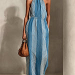 ElevenOra Chic Casual Blue Colorblock Cotton-Linen Blend Mock-Neck Sleeveless Elastic-Waist Loose-Fit Maxi Dress