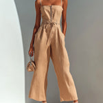 ElevenOra Chic Casual Camel Cotton-Linen Blend Strappy Sleeveless Zipper-Front Tie-Waist Wide-Leg Cropped Jumpsuit