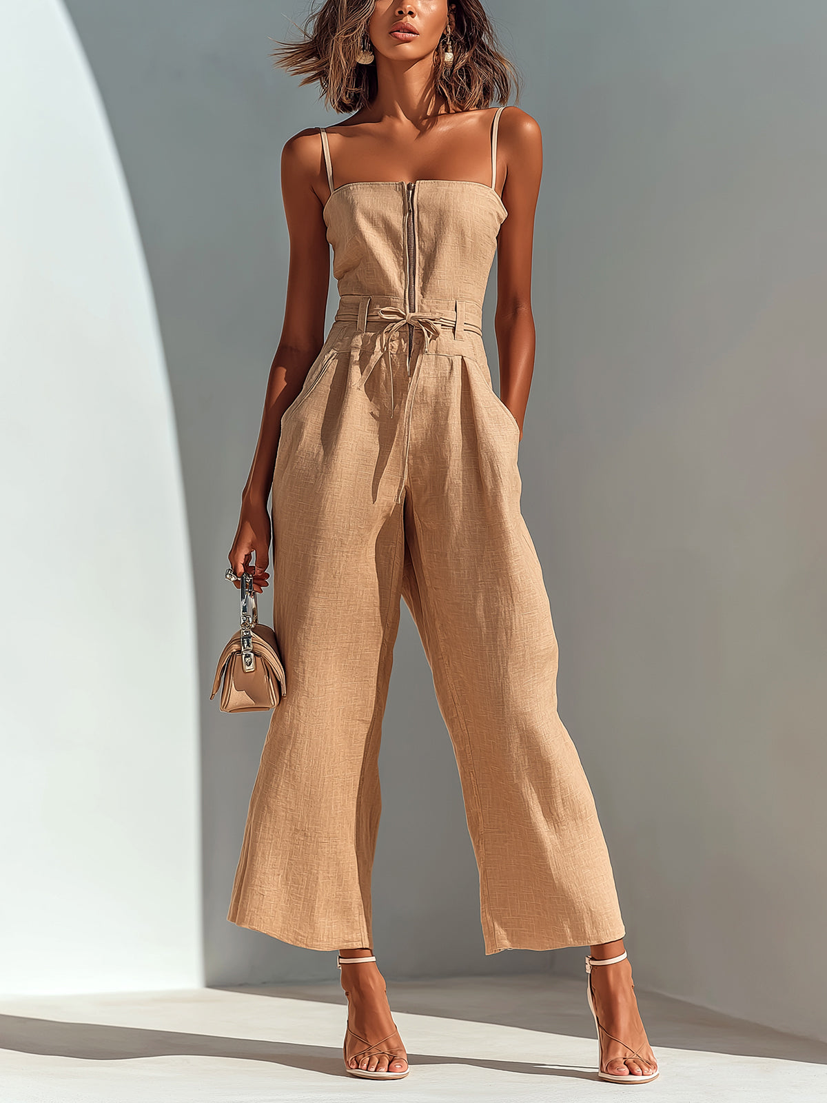 ElevenOra Chic Casual Camel Cotton-Linen Blend Strappy Sleeveless Zipper-Front Tie-Waist Wide-Leg Cropped Jumpsuit