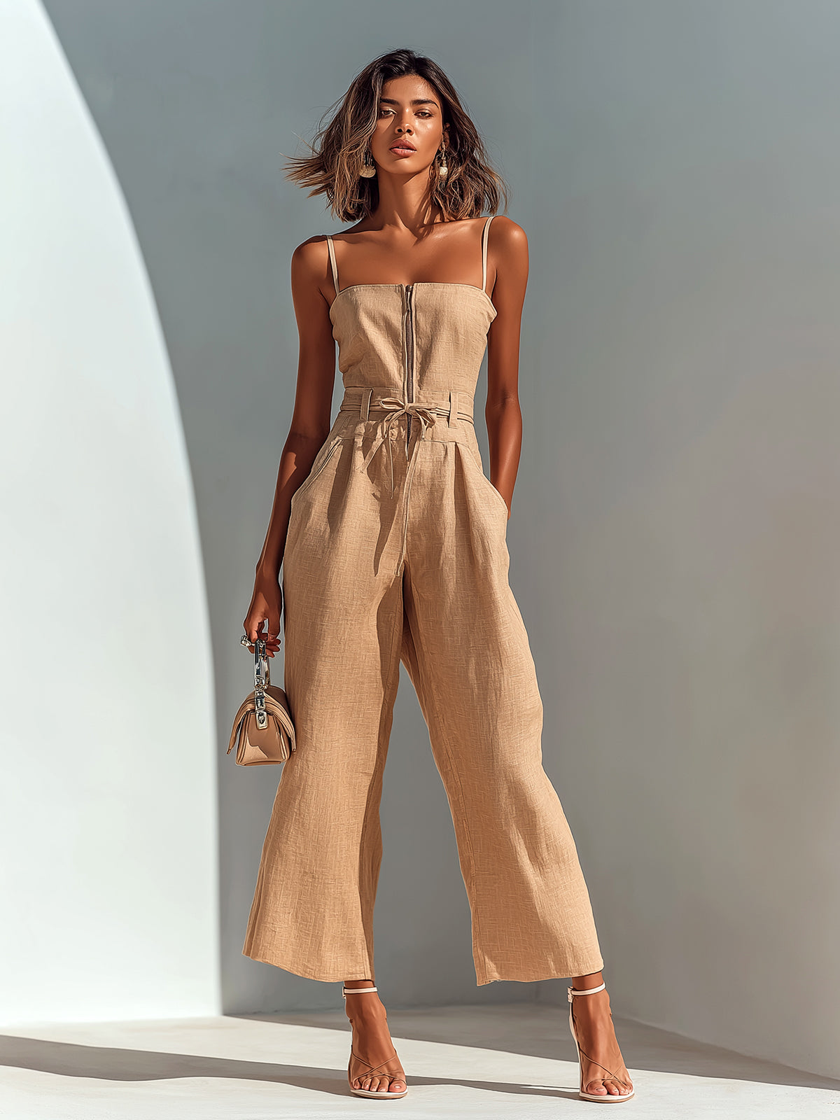 ElevenOra Chic Casual Camel Cotton-Linen Blend Strappy Sleeveless Zipper-Front Tie-Waist Wide-Leg Cropped Jumpsuit