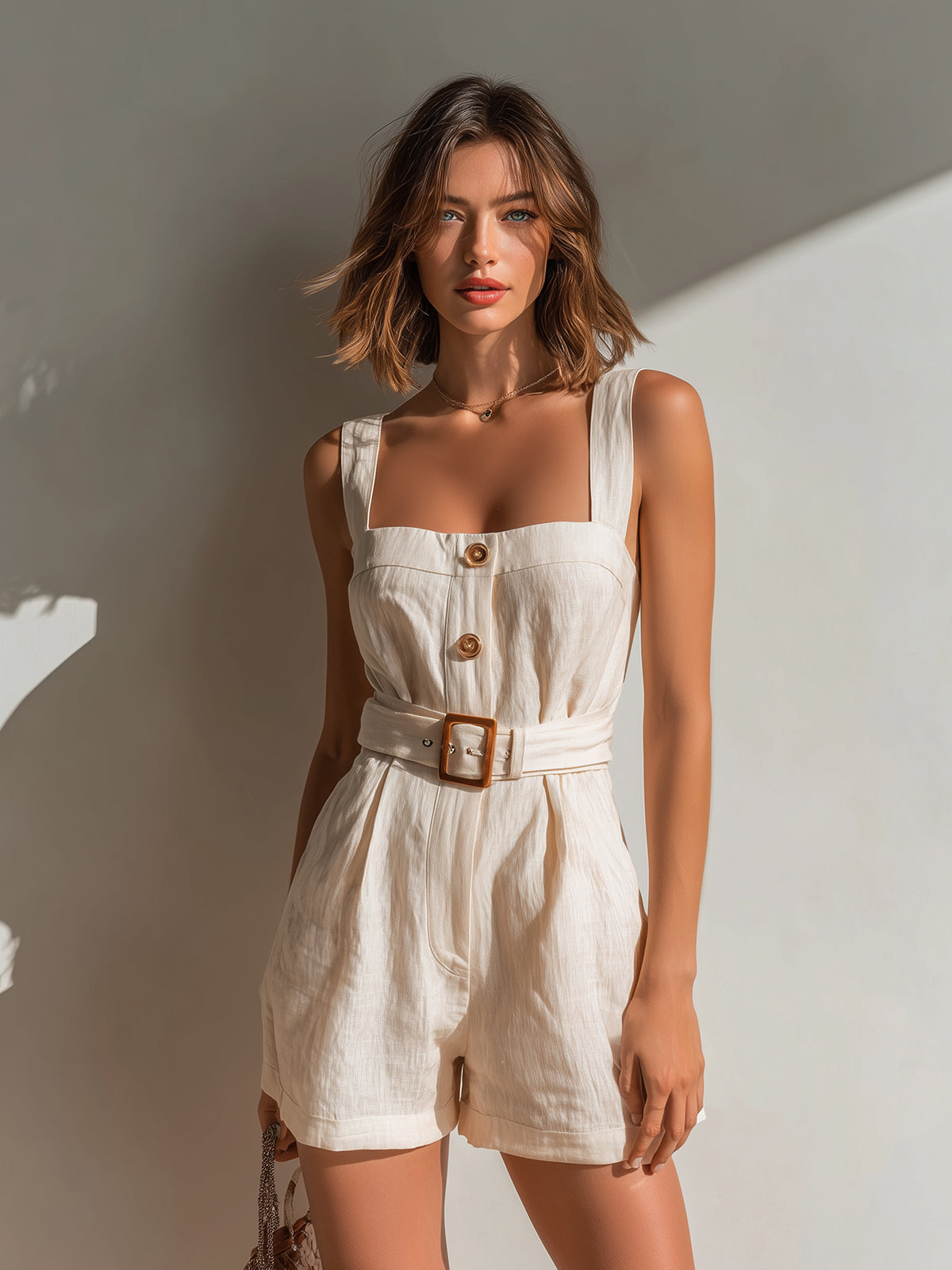 ElevenOra Chic Casual Beige Cotton-Linen Blend Strappy Sleeveless Button-Front Belt Detail Slim-Fit Romper
