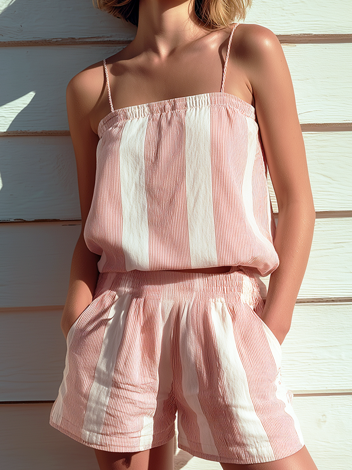 ElevenOra Chic Elegant Pink-White StripesStrappy Sleeveless Tank Top Loose-Fit Shorts Cotton Linen Two-Piece Set
