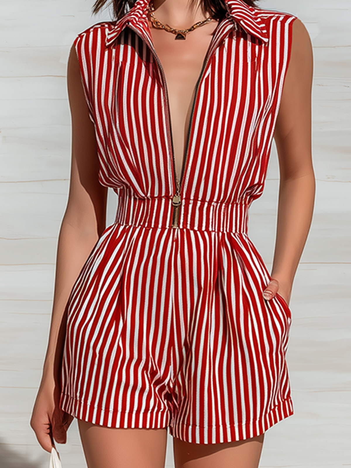 ElevenOra Chic Elegant Red-White Striped Zipper-Up Lapel Collar Sleeve