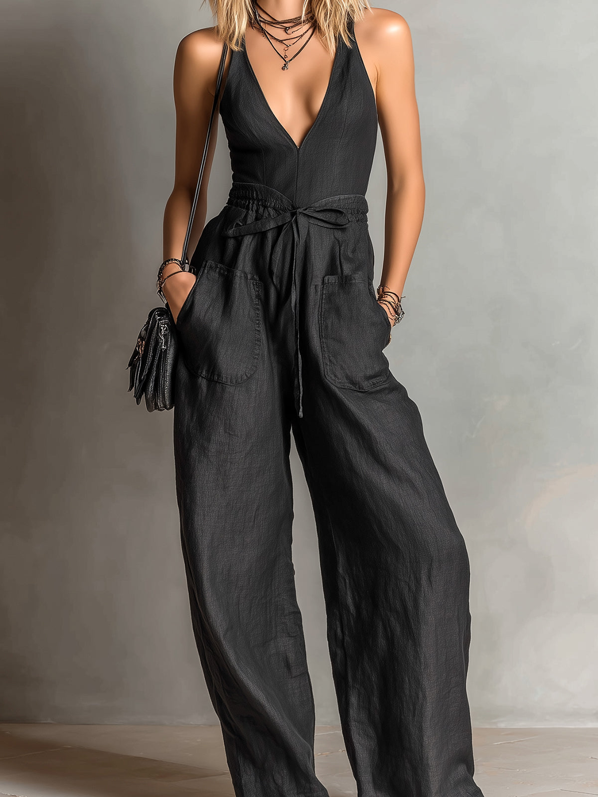 ElevenOra Chic Elegant Black Cotton-Linen Blend V-Neck Sleeveless Tie-Waist Patch Pockets Wide-Leg Jumpsuit