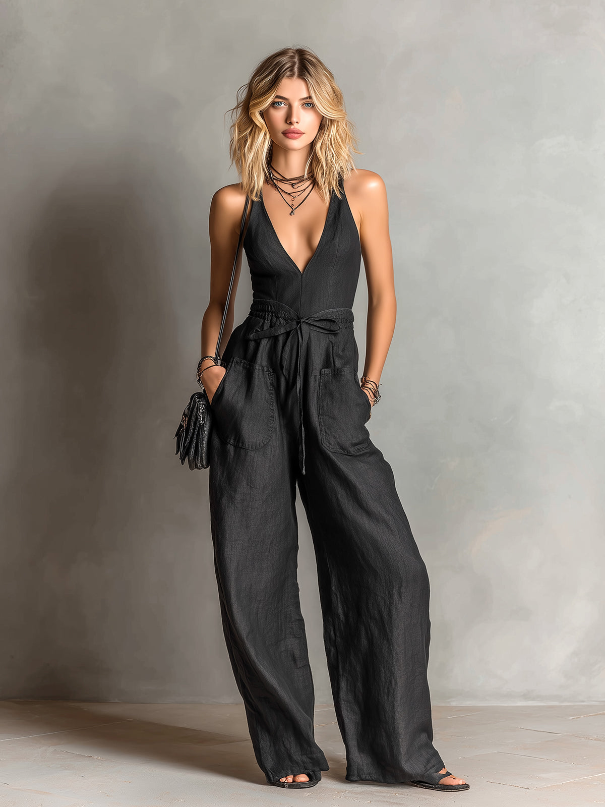 ElevenOra Chic Elegant Black Cotton-Linen Blend V-Neck Sleeveless Tie-Waist Patch Pockets Wide-Leg Jumpsuit