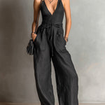 ElevenOra Chic Elegant Black Cotton-Linen Blend V-Neck Sleeveless Tie-Waist Patch Pockets Wide-Leg Jumpsuit
