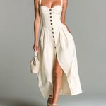 ElevenOra Chic Casual Cream White Cotton-Linen Blend Sleeveless Single-Breasted Pleated A-Line Maxi Dress